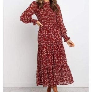 Red floral print midi dress with high neck